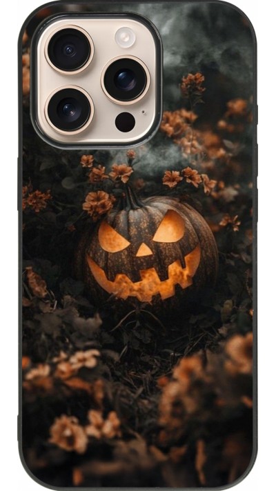Coque iPhone 16 Pro - Silicone rigide noir Halloween 2025 Pumpkin with flowers