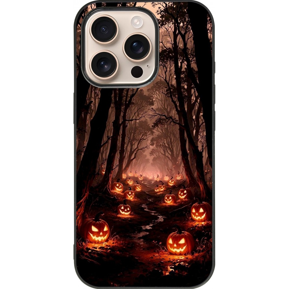 Coque iPhone 16 Pro - Silicone rigide noir Halloween 2025 Road of Terrifying Pumpkins