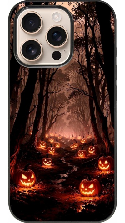 Coque iPhone 16 Pro - Silicone rigide noir Halloween 2025 Road of Terrifying Pumpkins