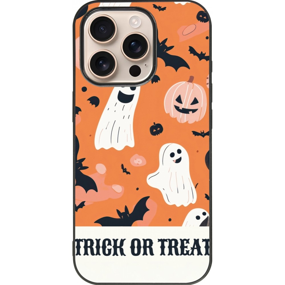 Coque iPhone 16 Pro - Silicone rigide noir Halloween 2025 Trick or treat