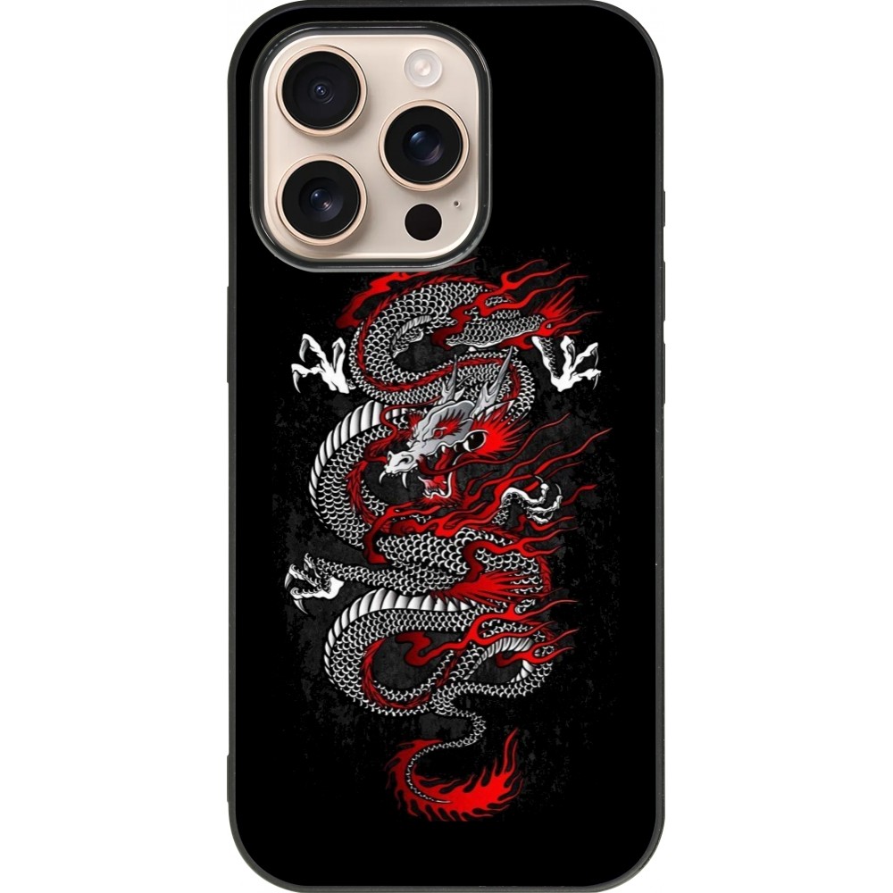 iPhone 16 Pro Case Hülle - Silikon schwarz Japanese style Dragon Tattoo Red Black
