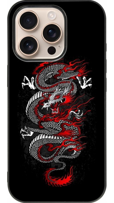 Coque iPhone 16 Pro - Silicone rigide noir Japanese style Dragon Tattoo Red Black