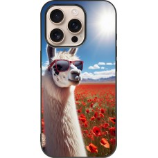 Coque iPhone 16 Pro - Silicone rigide noir Lama Chic en Coquelicot