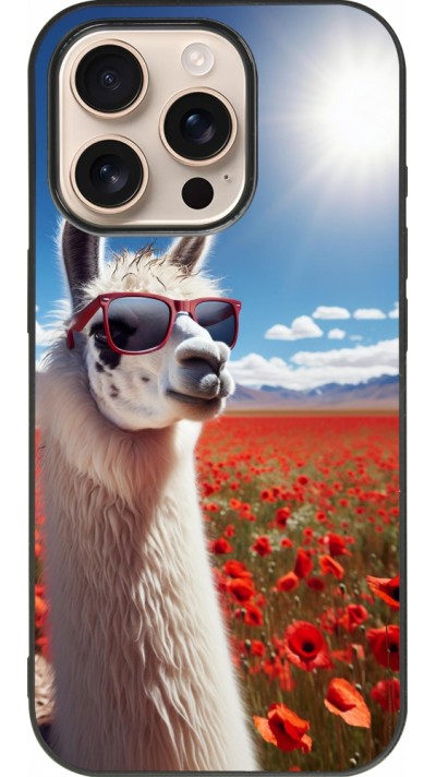 Coque iPhone 16 Pro - Silicone rigide noir Lama Chic en Coquelicot