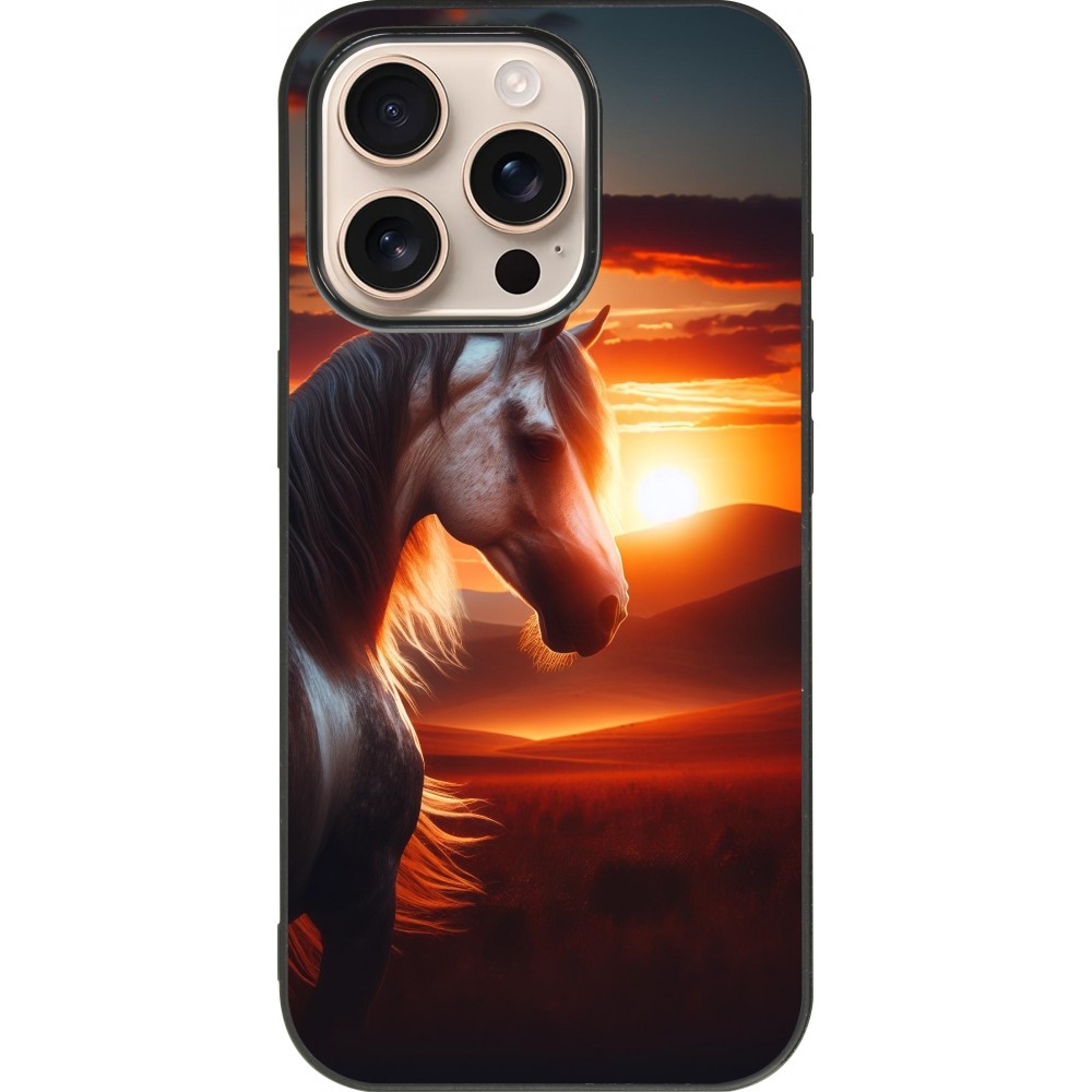 Coque iPhone 16 Pro - Silicone rigide noir Majestic Sunset Horse