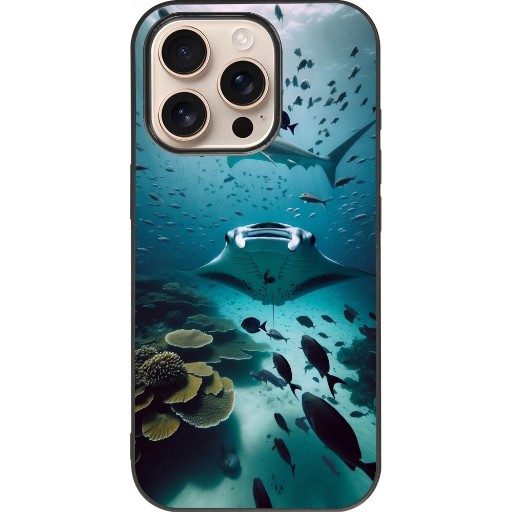 Coque iPhone 16 Pro - Silicone rigide noir Manta Lagon Nettoyage