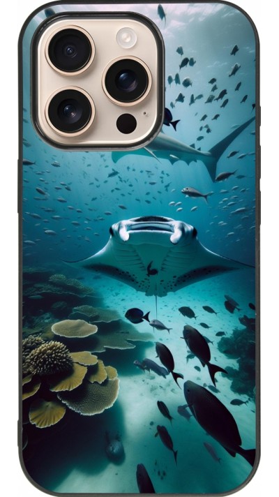 Coque iPhone 16 Pro - Silicone rigide noir Manta Lagon Nettoyage
