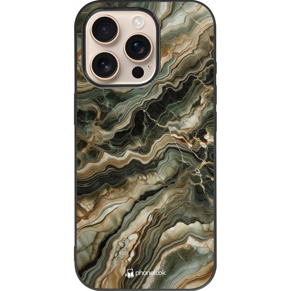 Coque iPhone 16 Pro - Silicone rigide noir Marbre Olive