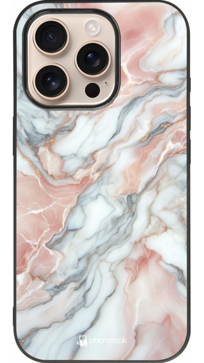 Coque iPhone 16 Pro - Silicone rigide noir Marbre Rose Lumineux