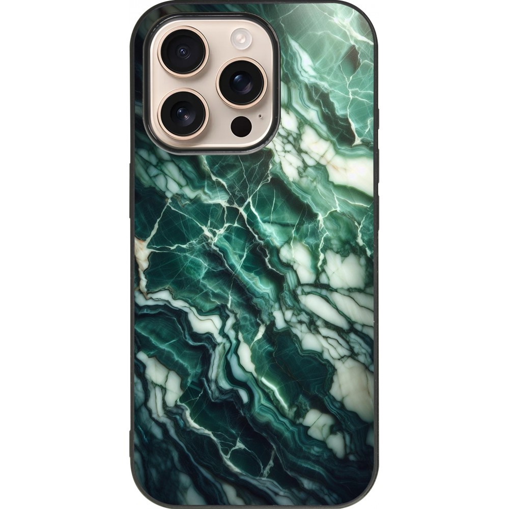 Coque iPhone 16 Pro - Silicone rigide noir Marbre vert majestueux