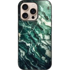 Coque iPhone 16 Pro - Silicone rigide noir Marbre vert majestueux
