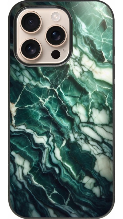 Coque iPhone 16 Pro - Silicone rigide noir Marbre vert majestueux