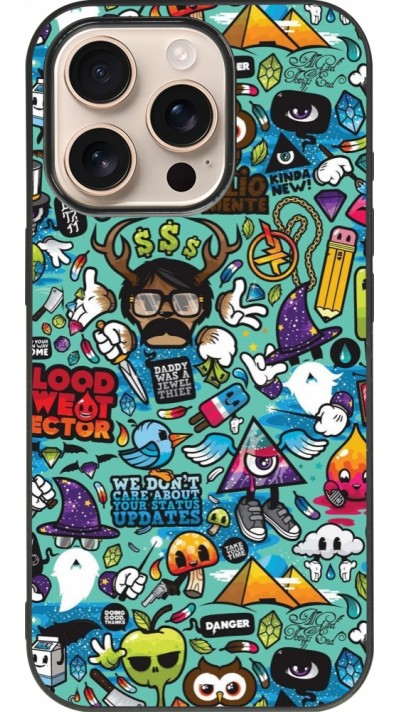 Coque iPhone 16 Pro - Silicone rigide noir Mixed Cartoons Turquoise