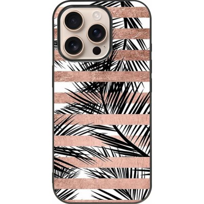 Coque iPhone 16 Pro - Silicone rigide noir Palm trees gold stripes