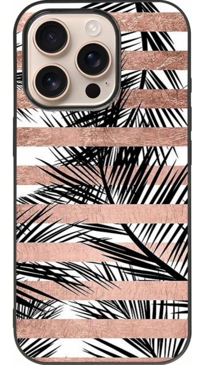 Coque iPhone 16 Pro - Silicone rigide noir Palm trees gold stripes
