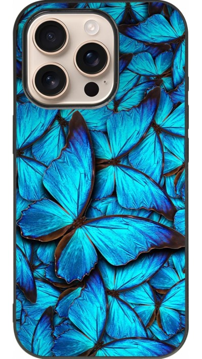 Coque iPhone 16 Pro - Silicone rigide noir Papillon bleu