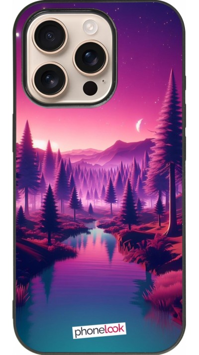 Coque iPhone 16 Pro - Silicone rigide noir Paysage Violet-Rose
