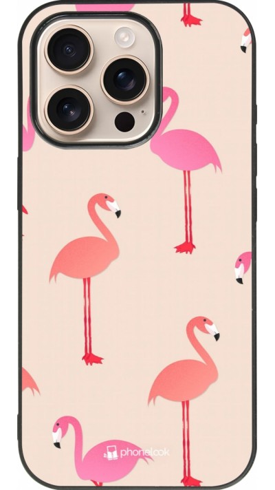 Coque iPhone 16 Pro - Silicone rigide noir Pink Flamingos Pattern