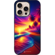 Coque iPhone 16 Pro - Silicone rigide noir Plage coucher soleil flashy