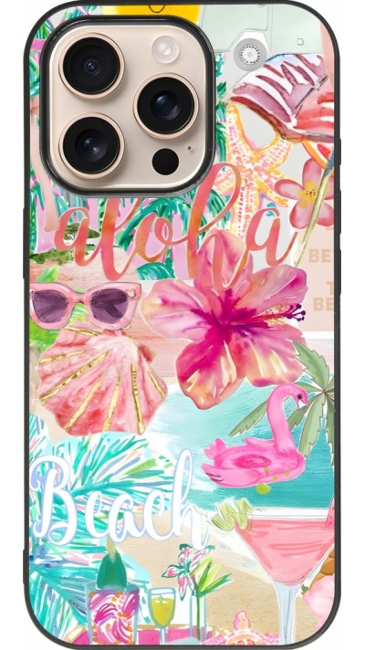 Coque iPhone 16 Pro - Silicone rigide noir Preppy Collage Aloha