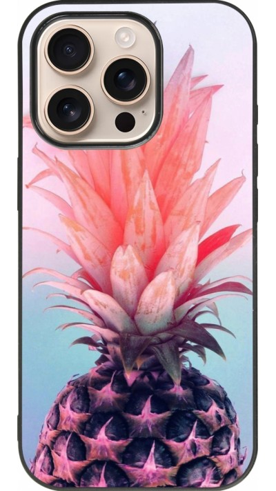 Coque iPhone 16 Pro - Silicone rigide noir Purple Pink Pineapple