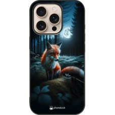 Coque iPhone 16 Pro - Silicone rigide noir Renard lune forêt