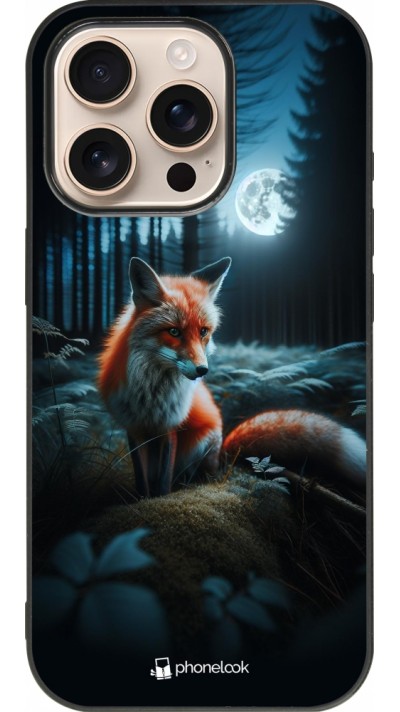 Coque iPhone 16 Pro - Silicone rigide noir Renard lune forêt