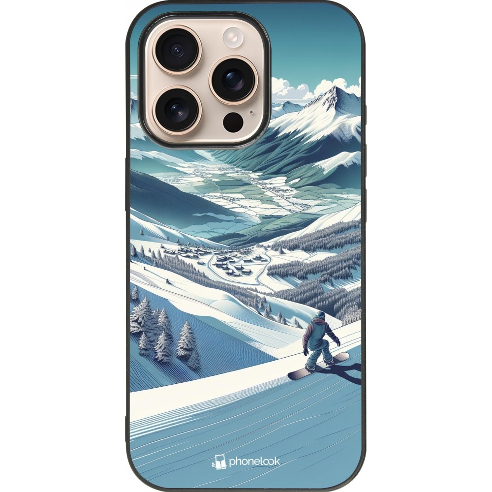 Coque iPhone 16 Pro - Silicone rigide noir Snowboarder Montagne