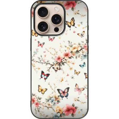 Coque iPhone 16 Pro - Silicone rigide noir Spring 25 Papillons Légers