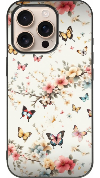 Coque iPhone 16 Pro - Silicone rigide noir Spring 25 Papillons Légers