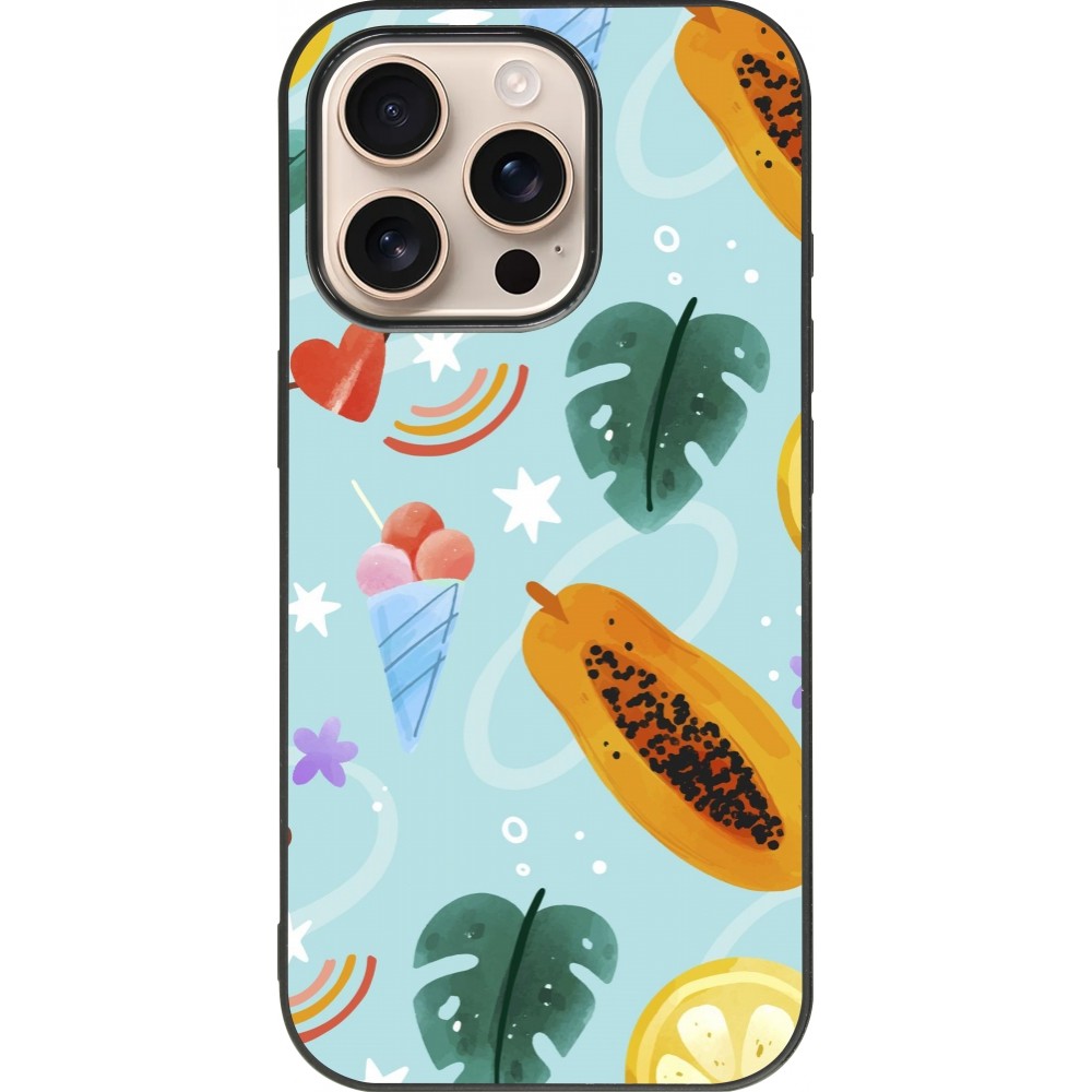 Coque iPhone 16 Pro - Silicone rigide noir Summer 2025 Pattern papaya