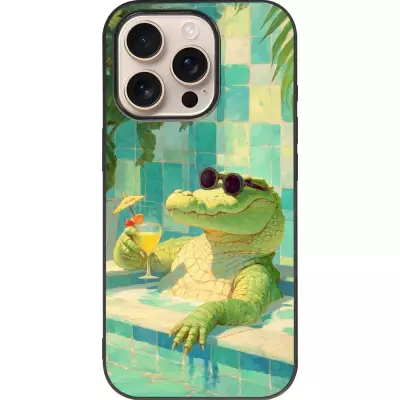 iPhone 16 Pro Case Hülle - Silikon schwarz Crocodile in the swimming pool Summer 2026