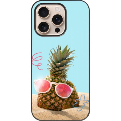 Coque iPhone 16 Pro - Silicone rigide noir Pineapple with glasses Summer 2026