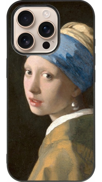 Coque iPhone 16 Pro - Silicone rigide noir Tableau art - La Jeune fille à la perle - Johannes Vermeer
