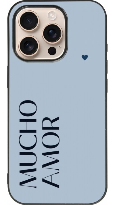 Coque iPhone 16 Pro - Silicone rigide noir Valentine 2024 mucho amor azul