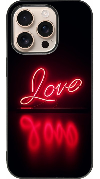 Coque iPhone 16 Pro - Silicone rigide noir Valentine 2025 Neon Love