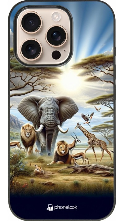 Coque iPhone 16 Pro - Silicone rigide noir Vie sauvage africaine