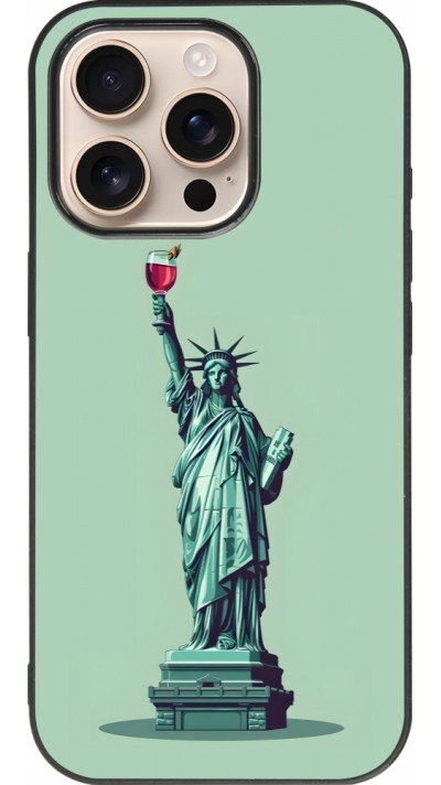 Coque iPhone 16 Pro - Silicone rigide noir Wine Statue de la liberté avec un verre de vin