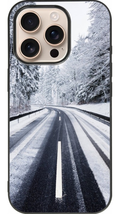 Coque iPhone 16 Pro - Silicone rigide noir Winter 22 Snowy Road