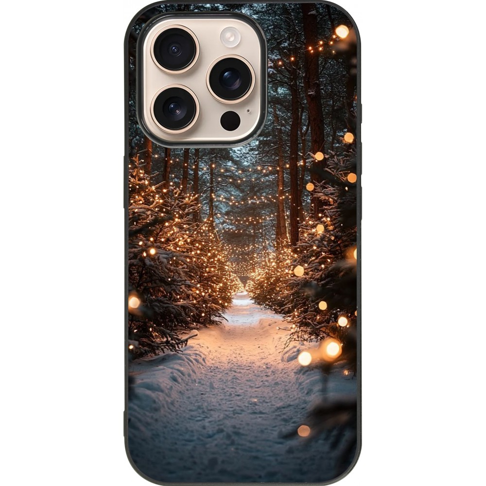 Coque iPhone 16 Pro - Silicone rigide noir Winter 25 Winter snowy road