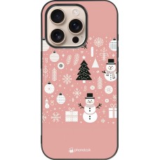 Coque iPhone 16 Pro - Silicone rigide noir Noël 2024 Rose Snowman Christmas