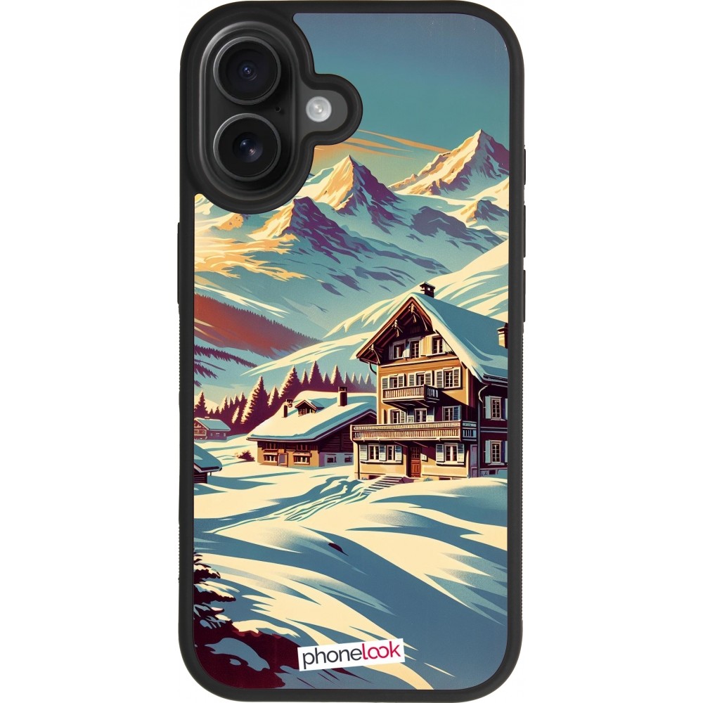 Coque iPhone 17 - Silicone rigide noir Chalet montagne enneigée