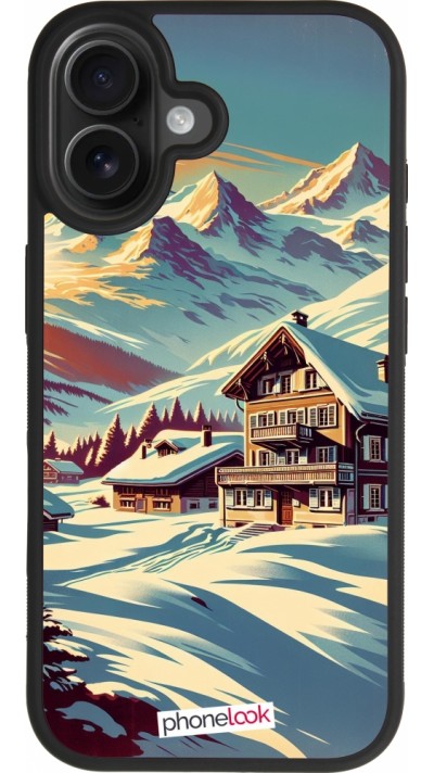 Coque iPhone 17 - Silicone rigide noir Chalet montagne enneigée