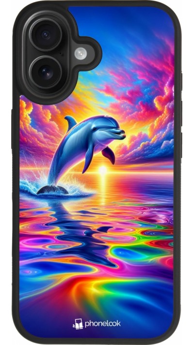 Coque iPhone 17 - Silicone rigide noir Dauphin arc-en-ciel heureux