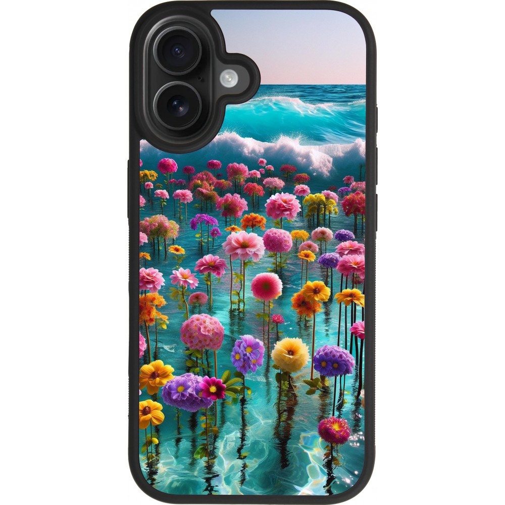 Coque iPhone 17 - Silicone rigide noir Flower sea waves