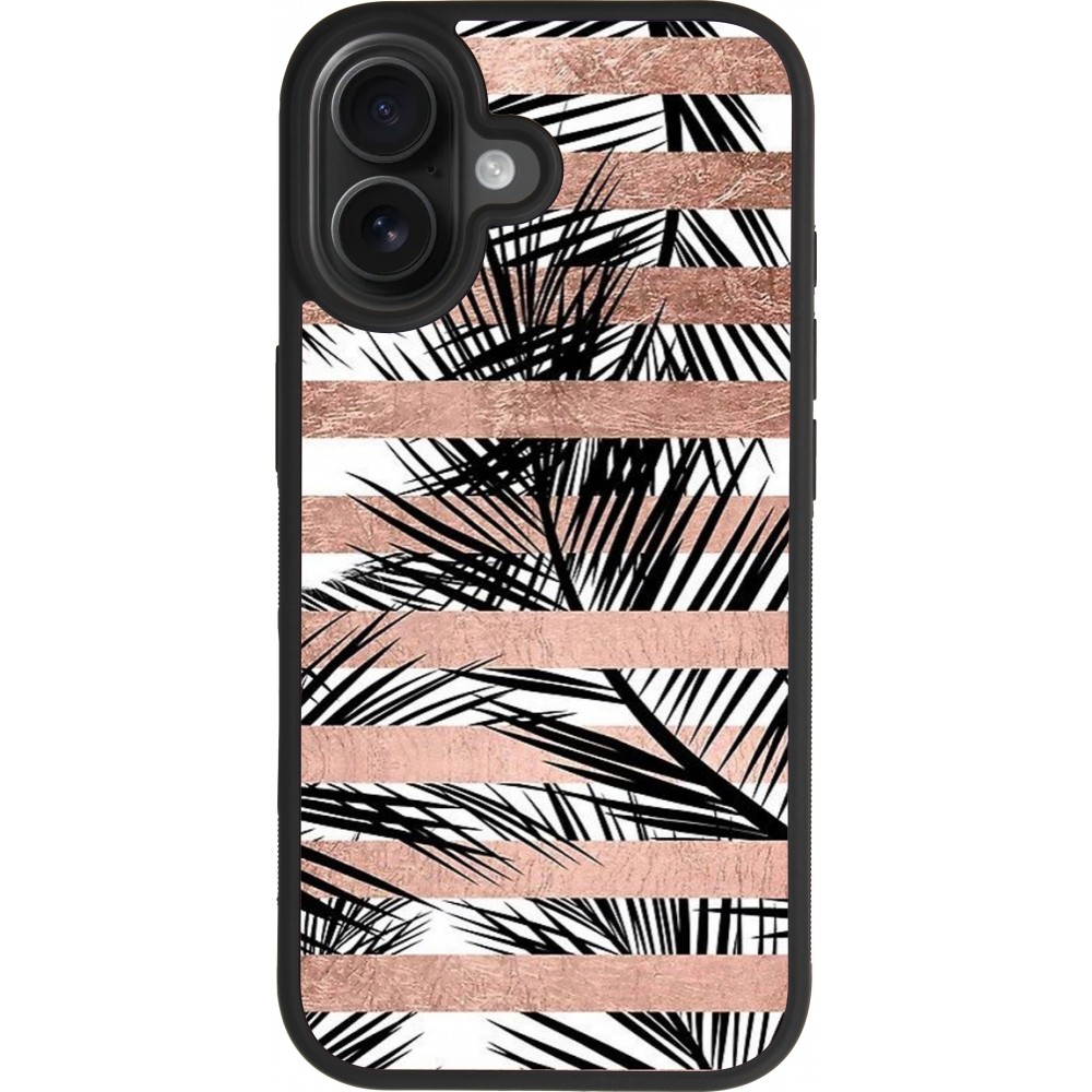 Coque iPhone 17 - Silicone rigide noir Palm trees gold stripes