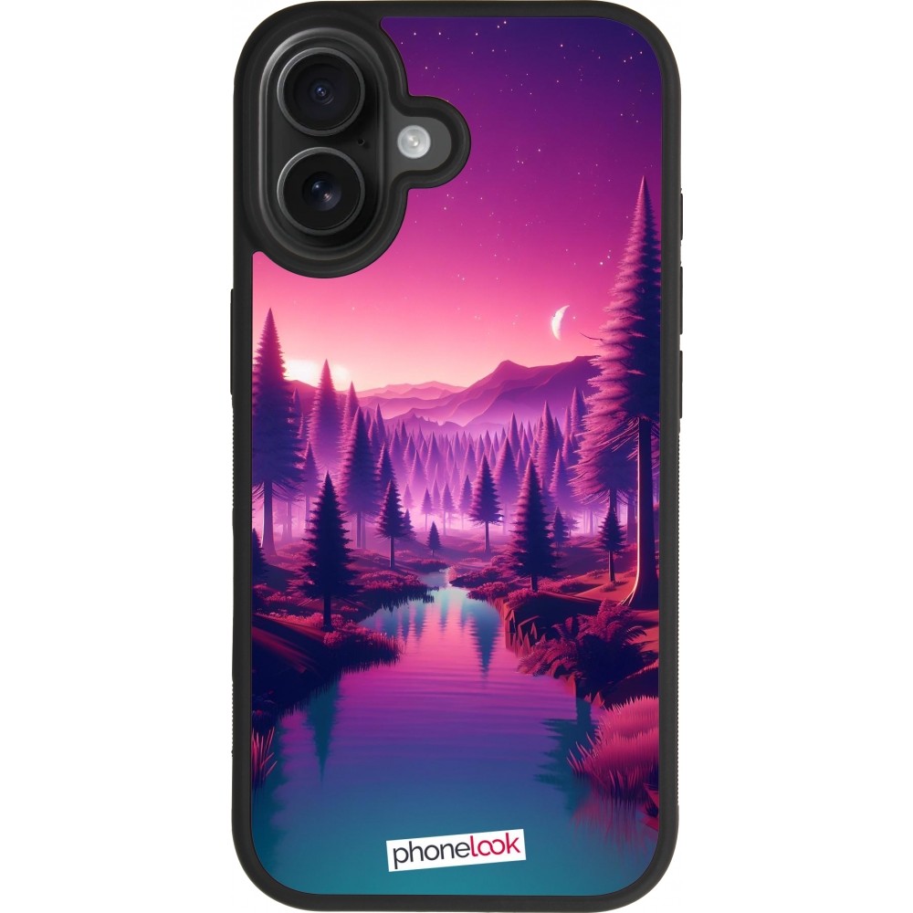 Coque iPhone 17 - Silicone rigide noir Paysage Violet-Rose