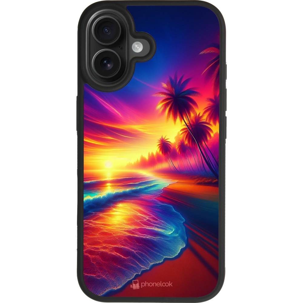 Coque iPhone 17 - Silicone rigide noir Plage coucher soleil flashy