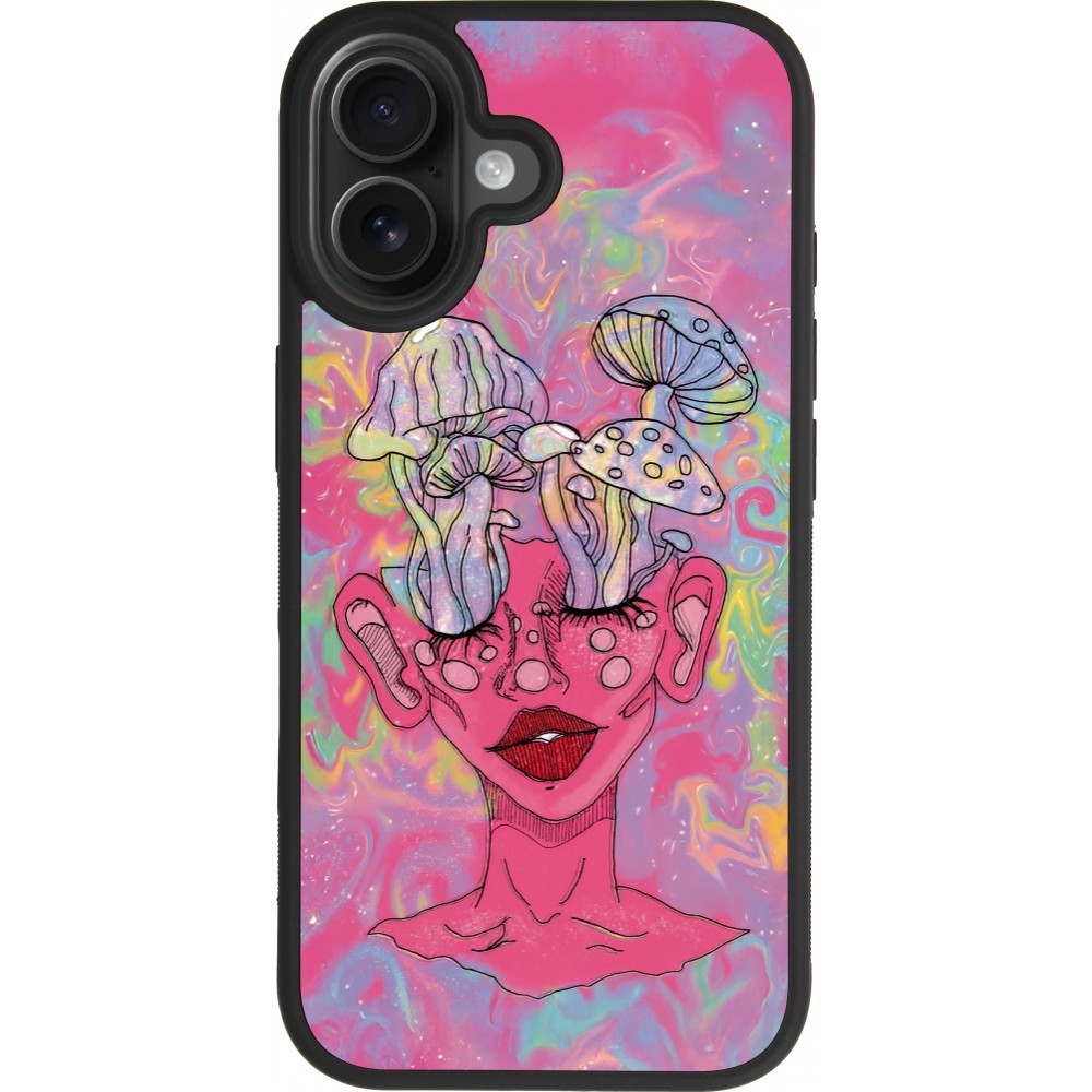 Coque iPhone 17 - Silicone rigide noir Psychedelic pink mushroom