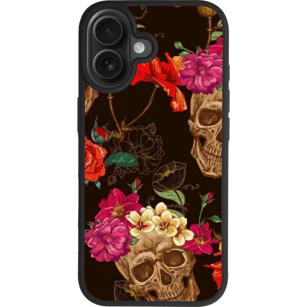 Coque iPhone 17 - Silicone rigide noir Skulls and flowers
